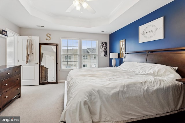 42 Mulberry Grn, Spring City, PA 19475 - bedroom featuring a tray ceiling, ornamental molding, light colored carpet, ceiling fan, and baseboards