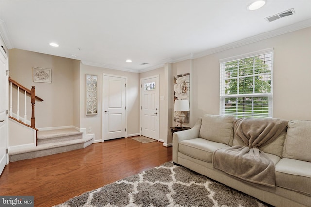 42 Mulberry Grn, Spring City, PA 19475 - living room with wood finished floors, stairs, crown molding, recessed lighting, and baseboards