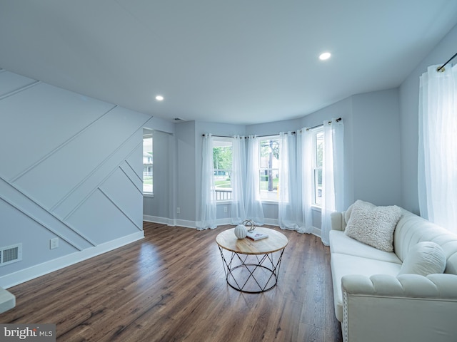 58 Park Ave, Hamilton, NJ 08690 - living room with dark wood finished floors, plenty of natural light, baseboards, and recessed lighting
