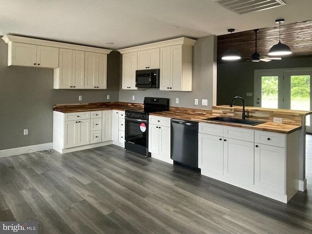 211 Workman Dr, Keyser, WV 26726 - kitchen featuring black appliances, butcher block countertops, a sink, a peninsula, and ceiling fan