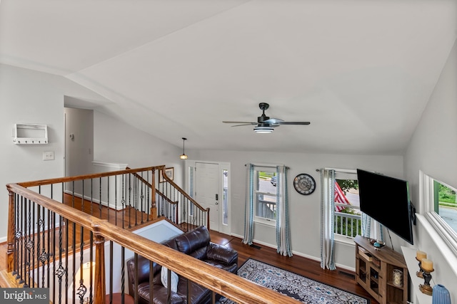 3195 Atlee Ridge Rd, New Windsor, MD 21776 - staircase featuring a ceiling fan, wood finished floors, lofted ceiling, and baseboards