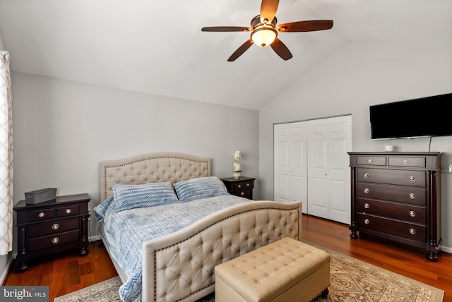 3195 Atlee Ridge Rd, New Windsor, MD 21776 - bedroom with a closet, vaulted ceiling, wood finished floors, and a ceiling fan