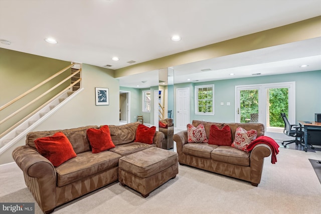 10127 Hillington Ct, Vienna, VA 22182 - living area featuring recessed lighting, light colored carpet, and stairway
