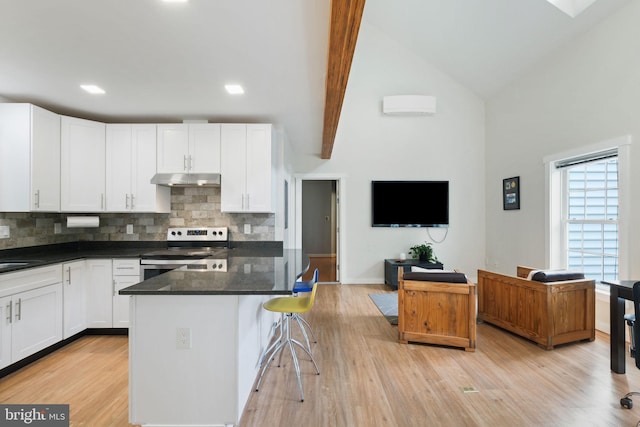850 Still Creek Ln, Gaithersburg, MD 20878 - kitchen with electric stove, decorative backsplash, white cabinetry, under cabinet range hood, and recessed lighting