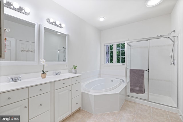 850 Still Creek Ln, Gaithersburg, MD 20878 - full bathroom featuring a shower stall, a garden tub, tile patterned flooring, double vanity, and recessed lighting