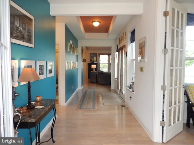 20172 Trap Pond Ct, Millville, DE 19967 - hallway featuring a raised ceiling, light wood-type flooring, and baseboards
