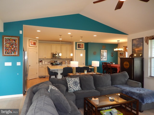 20172 Trap Pond Ct, Millville, DE 19967 - living room featuring vaulted ceiling, a ceiling fan, light wood-style floors, and recessed lighting
