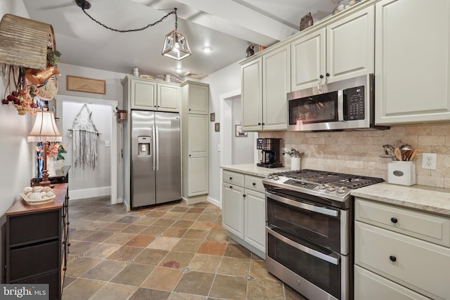 2 Broad St, Stockton, NJ 08559 - kitchen featuring appliances with stainless steel finishes, decorative backsplash, light stone countertops, and baseboards