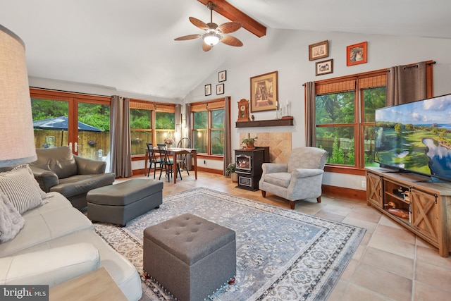 2 Broad St, Stockton, NJ 08559 - living area featuring ceiling fan, light tile patterned floors, a wood stove, and baseboards