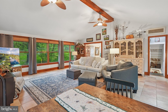 2 Broad St, Stockton, NJ 08559 - living area with a ceiling fan, beam ceiling, light tile patterned floors, and high vaulted ceiling