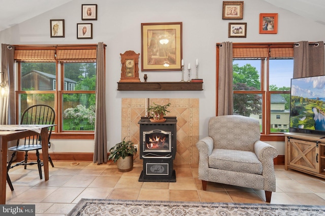 2 Broad St, Stockton, NJ 08559 - sitting room featuring vaulted ceiling, light tile patterned floors, baseboards, and a tile fireplace