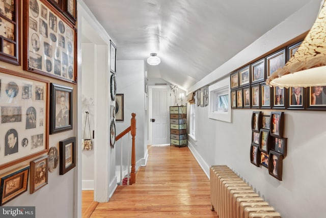 2 Broad St, Stockton, NJ 08559 - hallway with radiator heating unit, light wood-style floors, lofted ceiling, and baseboards