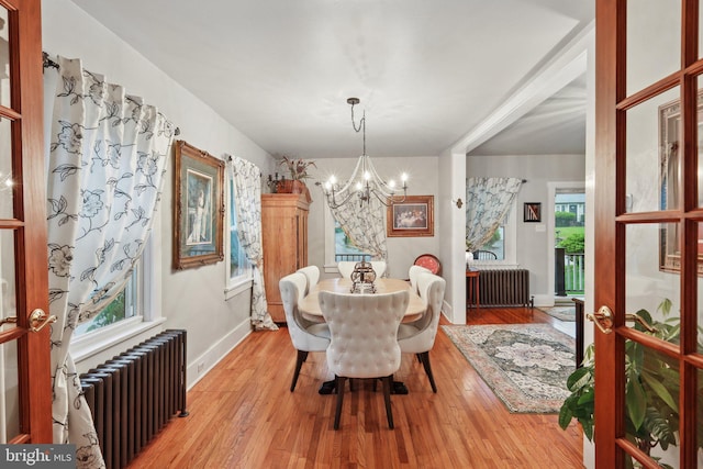 2 Broad St, Stockton, NJ 08559 - dining room featuring radiator, a chandelier, light wood-type flooring, and baseboards