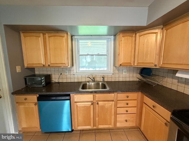 1236 Whittier Ave, Bensalem, PA 19020 - kitchen with dishwasher, a sink, light brown cabinetry, decorative backsplash, and light tile patterned floors