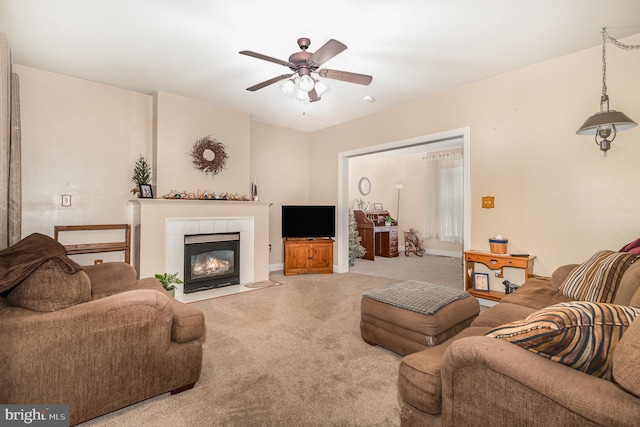 412 Hemlock Dr, New Cumberland, PA 17070 - carpeted living area featuring a ceiling fan and a tiled fireplace