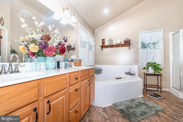 412 Hemlock Dr, New Cumberland, PA 17070 - full bath featuring double vanity, a bath, a shower stall, and high vaulted ceiling
