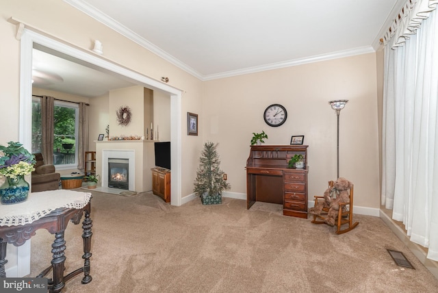 412 Hemlock Dr, New Cumberland, PA 17070 - living area with ornamental molding, carpet floors, a fireplace with flush hearth, and baseboards