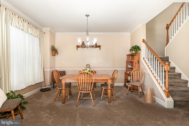 412 Hemlock Dr, New Cumberland, PA 17070 - dining room featuring stairs, a chandelier, baseboards, ornamental molding, and carpet flooring