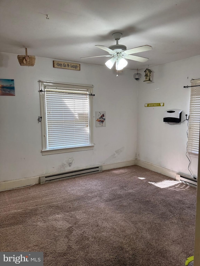 72 Maryland Ave, Crisfield, MD 21817 - unfurnished room featuring carpet, a baseboard radiator, ceiling fan, and baseboards