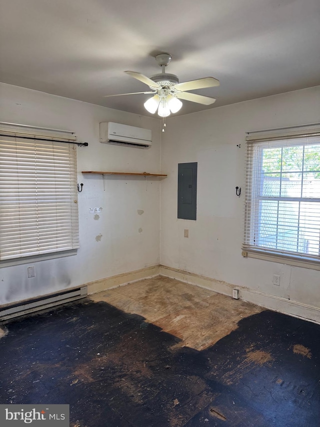 72 Maryland Ave, Crisfield, MD 21817 - spare room with electric panel, a baseboard radiator, a wall mounted air conditioner, a ceiling fan, and baseboards