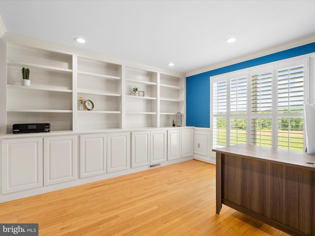 7100 Ewing Ct, Middletown, MD 21769 - unfurnished office with light wood-style flooring, a wainscoted wall, recessed lighting, and crown molding