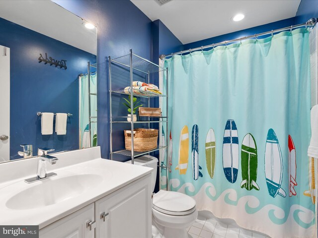 7100 Ewing Ct, Middletown, MD 21769 - bathroom with vanity, a shower with curtain, and tile patterned floors