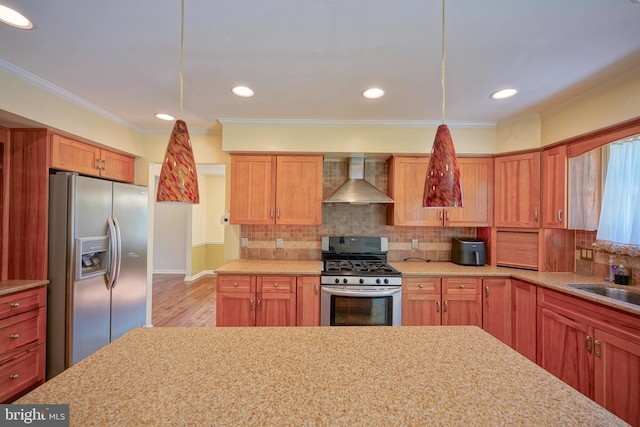 30 Lancelot Ln, Mount Laurel, NJ 08054 - kitchen featuring stainless steel appliances, wall chimney exhaust hood, crown molding, tasteful backsplash, and a sink
