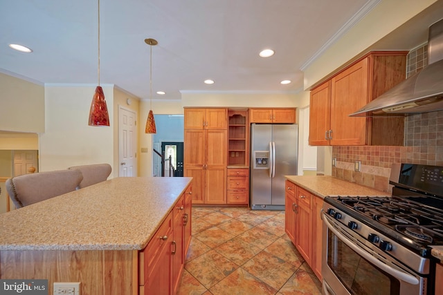 30 Lancelot Ln, Mount Laurel, NJ 08054 - kitchen with stainless steel appliances, ornamental molding, open shelves, wall chimney range hood, and tasteful backsplash