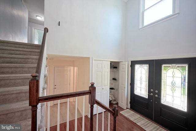 30 Lancelot Ln, Mount Laurel, NJ 08054 - entrance foyer with a high ceiling, french doors, wood finished floors, and stairs