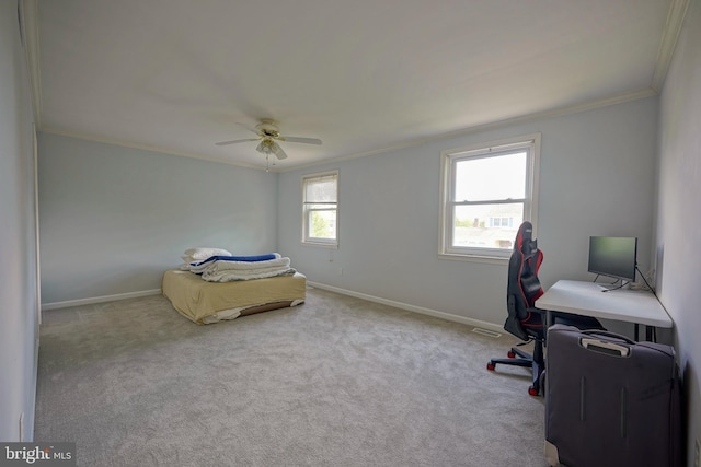 30 Lancelot Ln, Mount Laurel, NJ 08054 - bedroom with ornamental molding, baseboards, carpet floors, a desk, and a ceiling fan