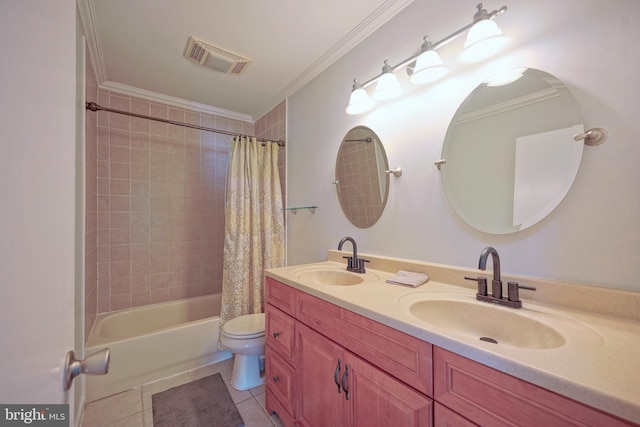 30 Lancelot Ln, Mount Laurel, NJ 08054 - full bath featuring double vanity, toilet, shower / tub combo, tile patterned floors, and ornamental molding