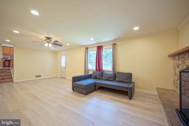 30 Lancelot Ln, Mount Laurel, NJ 08054 - living room with ornamental molding, a ceiling fan, light wood-style floors, recessed lighting, and baseboards