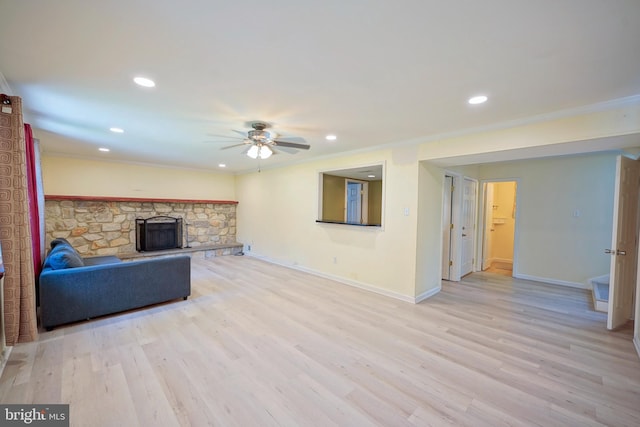 30 Lancelot Ln, Mount Laurel, NJ 08054 - unfurnished living room featuring crown molding, a ceiling fan, recessed lighting, baseboards, and light wood finished floors
