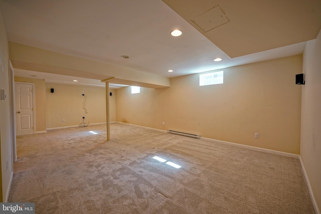 30 Lancelot Ln, Mount Laurel, NJ 08054 - basement with a baseboard heating unit, carpet floors, recessed lighting, and baseboards