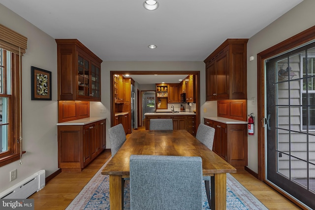 410 Heatherwood Ln, Devon, PA 19333 - dining area featuring a baseboard radiator, light wood-type flooring, recessed lighting, and baseboards