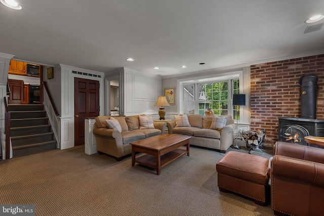 410 Heatherwood Ln, Devon, PA 19333 - living room with crown molding, a wood stove, light carpet, stairs, and recessed lighting
