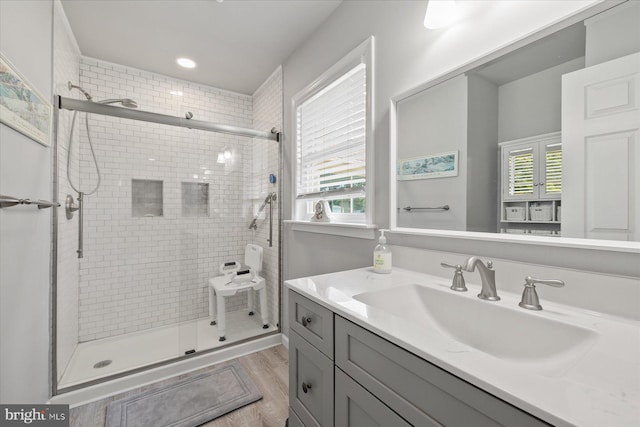 36032 Double Bridges Rd, Frankford, DE 19945 - full bath with a stall shower, vanity, and wood finished floors