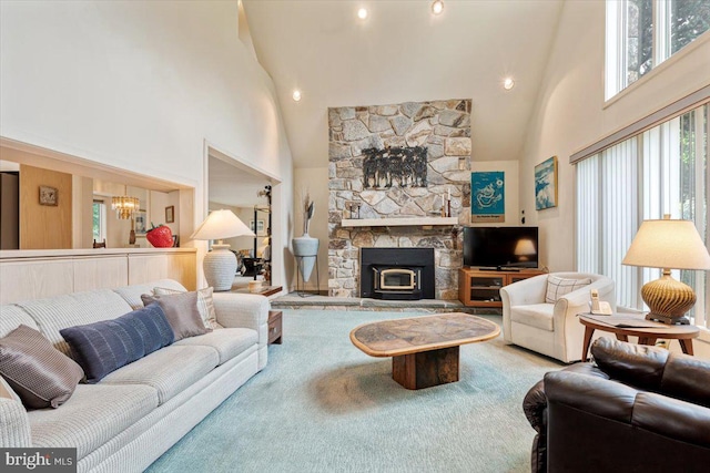 3 White Horse Ln, Spring City, PA 19475 - living room with high vaulted ceiling, a chandelier, plenty of natural light, a fireplace, and recessed lighting
