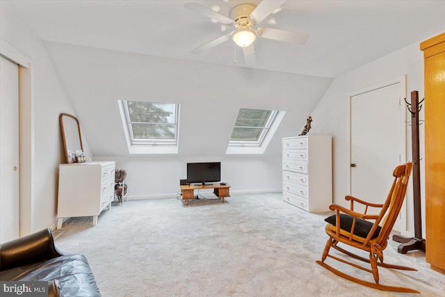 3 White Horse Ln, Spring City, PA 19475 - sitting room featuring a skylight, lofted ceiling, carpet flooring, ceiling fan, and baseboards