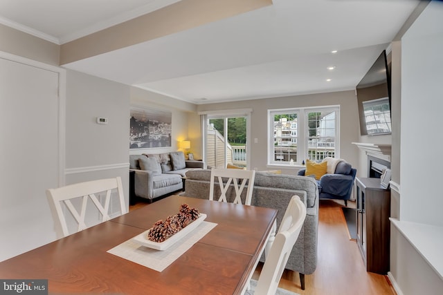 3331 Lakeside View Dr Unit 6-8, Falls Church, VA 22041 - dining space with light wood-style floors, crown molding, a fireplace, and recessed lighting