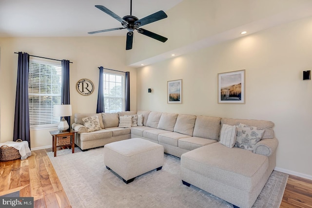 229 Lakshman Trl, Dover, DE 19904 - living room featuring wood finished floors, a ceiling fan, baseboards, recessed lighting, and lofted ceiling