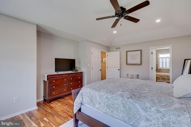 229 Lakshman Trl, Dover, DE 19904 - bedroom featuring light wood-type flooring, recessed lighting, baseboards, connected bathroom, and a ceiling fan