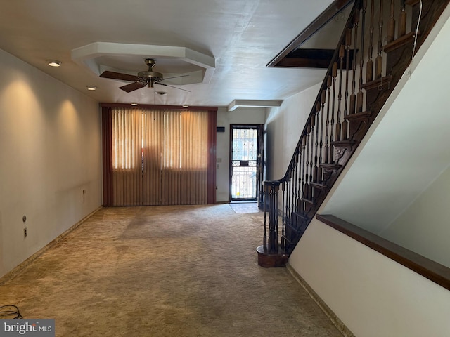 914 Fernon St, Philadelphia, PA 19148 - foyer entrance with carpet floors, ceiling fan, stairway, and baseboards