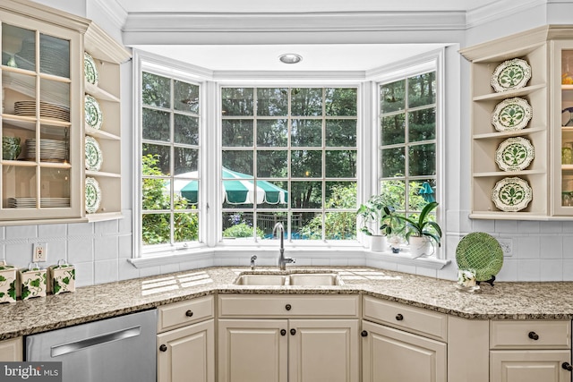 1298 Farm Ln, Berwyn, PA 19312 - kitchen with a sink, stainless steel dishwasher, tasteful backsplash, glass insert cabinets, and ornamental molding