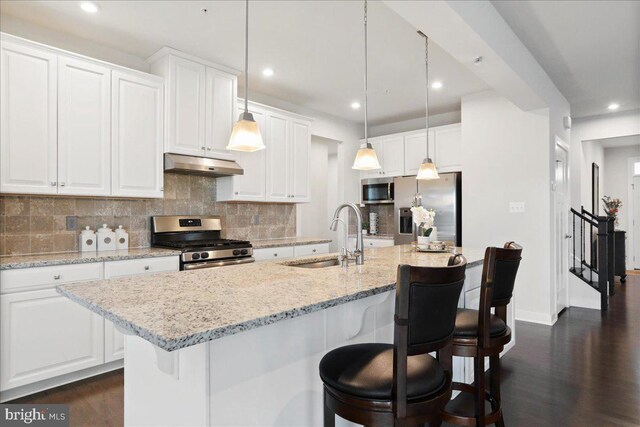 5829 Barts Way, Frederick, MD 21704 - kitchen with stainless steel appliances, a sink, under cabinet range hood, recessed lighting, and dark wood-style flooring