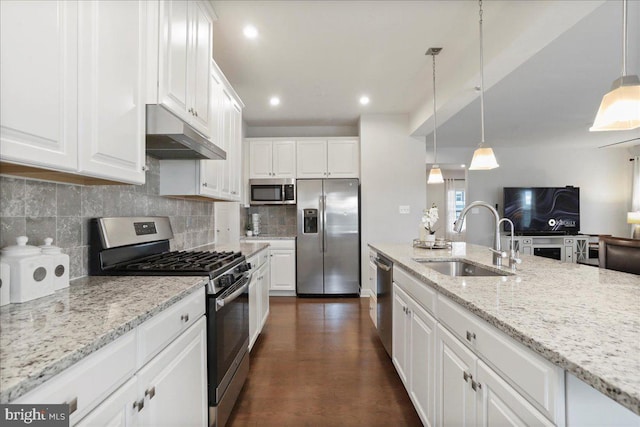 5829 Barts Way, Frederick, MD 21704 - kitchen with appliances with stainless steel finishes, under cabinet range hood, a sink, white cabinets, and tasteful backsplash