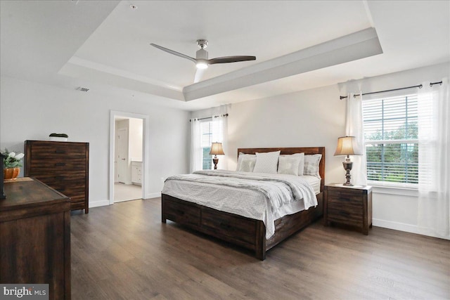 5829 Barts Way, Frederick, MD 21704 - bedroom with a tray ceiling, baseboards, wood finished floors, and ceiling fan
