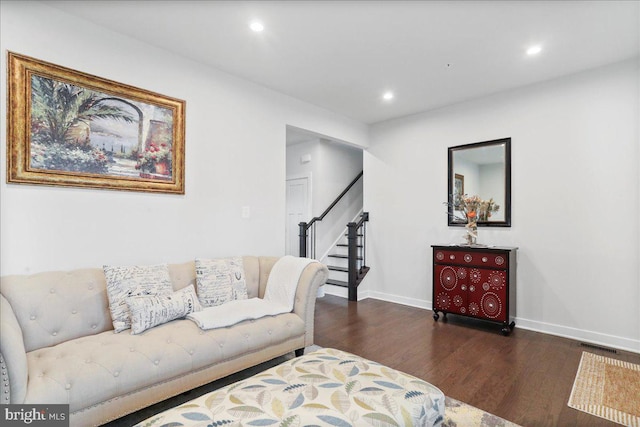 5829 Barts Way, Frederick, MD 21704 - living room featuring dark wood-type flooring, stairway, baseboards, and recessed lighting
