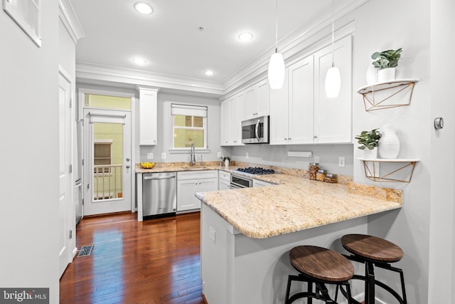 331 K St SE, Washington, DC 20003 - kitchen featuring stainless steel appliances, a sink, a peninsula, crown molding, and dark wood-type flooring
