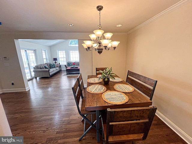 930 Chesaco Ave, Baltimore, MD 21237 - dining room featuring a chandelier, ornamental molding, dark wood-style flooring, and baseboards